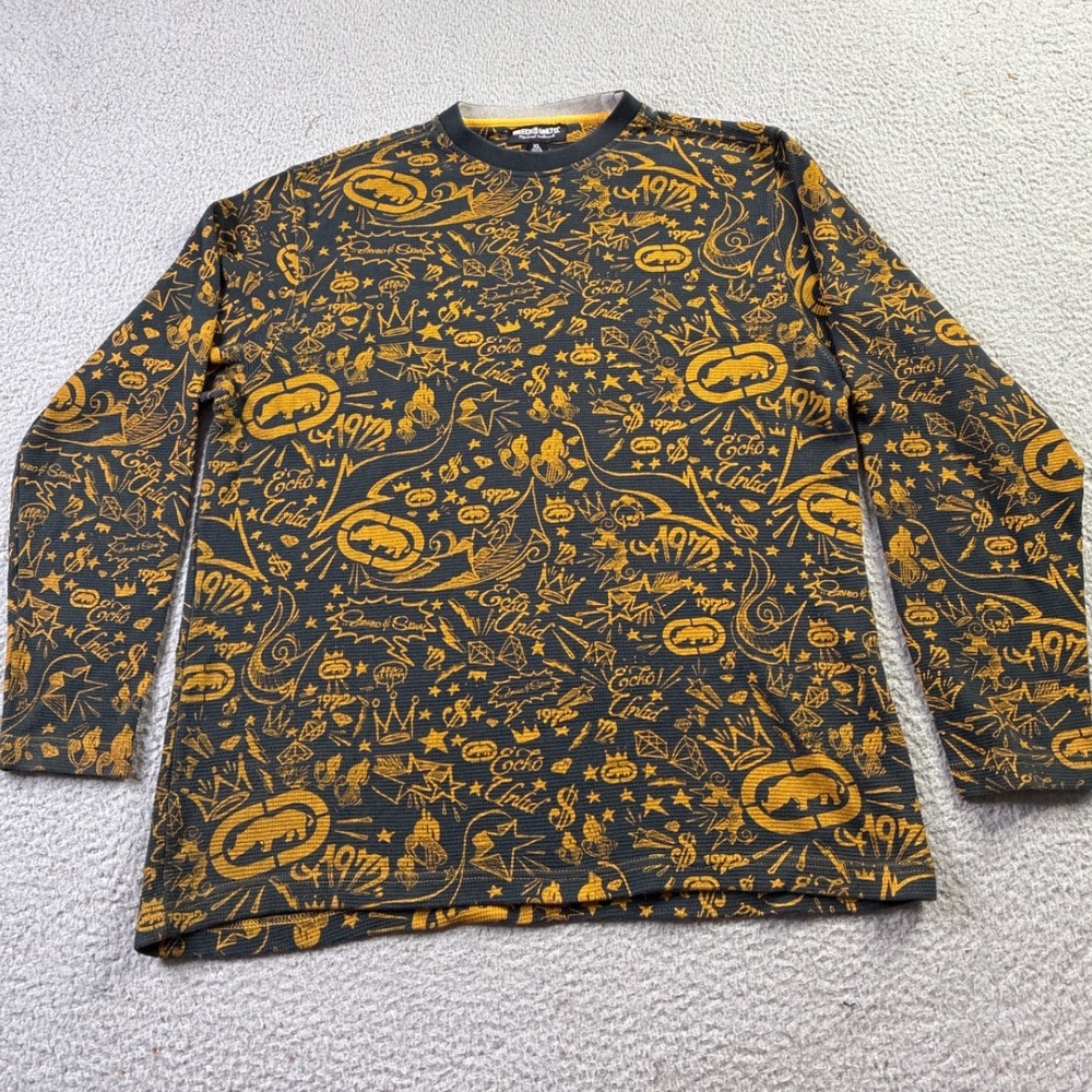 Ecko Unltd Thermal Shirt Mens XL Waffle Knit All Over Print AOP Y2K Streetwear